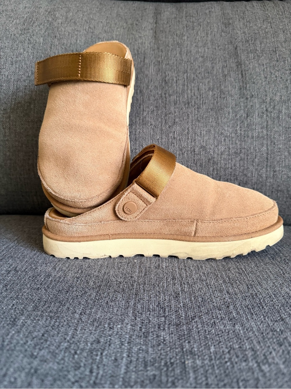 UGG Women's Suede Mule in Light Brown with Gold Strap
